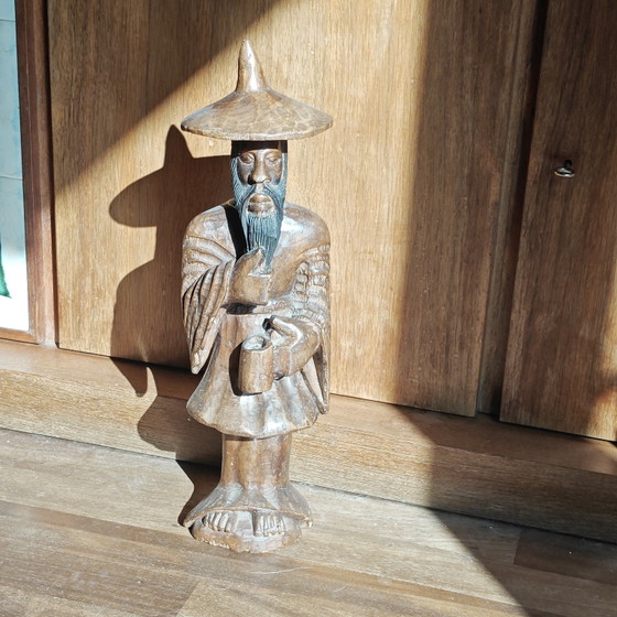 Image 1 of Large Hand-Carved Wooden Chinese Scholar Sculpture | 54 cm | Solid Wood