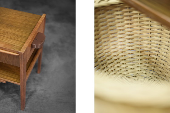 Image 1 of Vintage Mid-century Danish Modern Teak Thread Side Table with Wicker Basket, 1960s