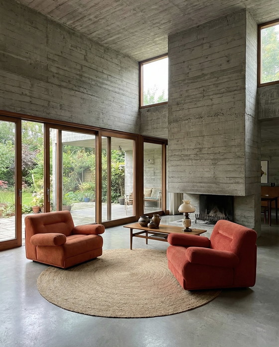 Image 1 of 2x COR “CONCHA” JO OTTERPOHL LOUNGESTOEL ORANJE-RODE STOF JAREN 60