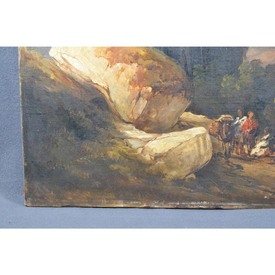 Antique Romantic Landscape Oil Painting With Figures and Rocky Scenery – Paintings & Drawings, Wood, Canvas (photo 11 of 11)