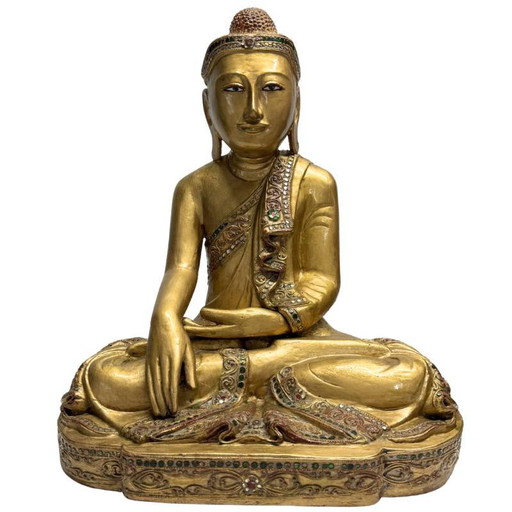 Gilded Wooden Buddha with Glass Inlay from Myanmar, Strong Features