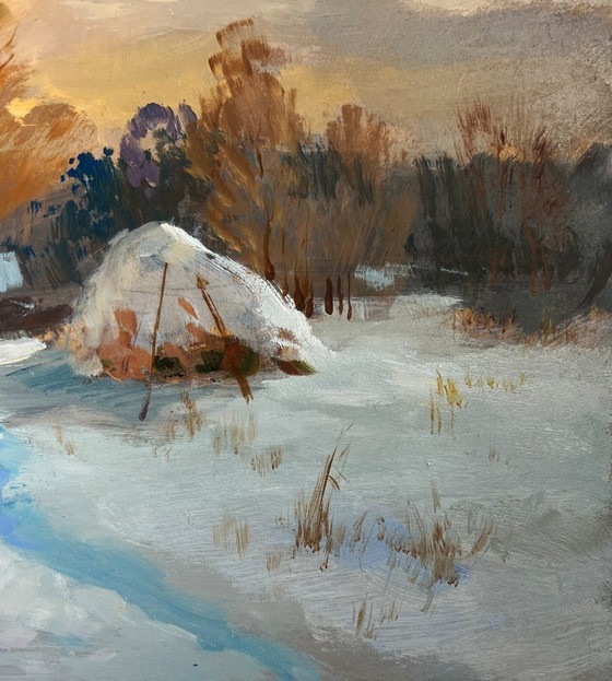 Image 1 of Original Oil Painting Snow Village Landscape Snow and sunset lights
