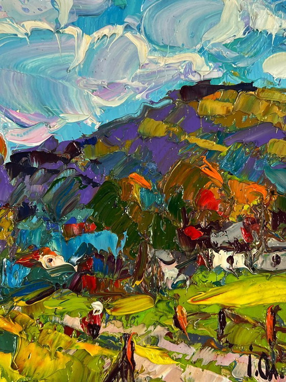 Image 1 of Original Oil Painting Nature Landscape A Village at the Foot of the Mountains