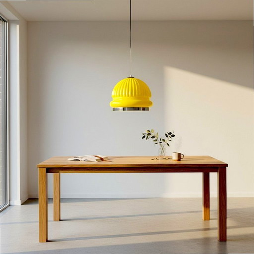 Large Space Age inspired yellow opaline ribbed glass dome hanging light for dining room, 1970s