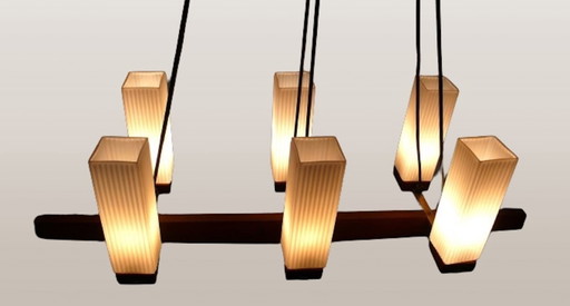 Mid Century Teak Lustre à 6 flammes, tubes de verre blancs angulaires années 60