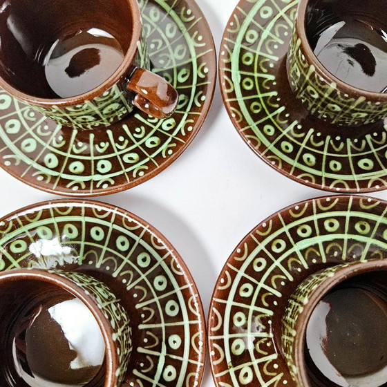 Image 1 of Mid-century set of 4 coffee cups with saucers | Amazing vintage hungarian espresso pottery | Unique hand-painted ceramic
