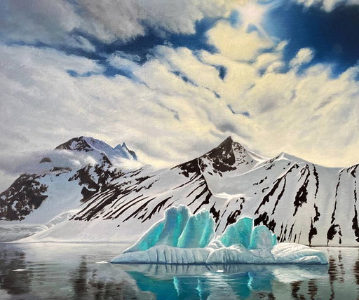 Originales Ölgemälde: Winterlandschaft mit Felsen, Insel und Eisberg im Meer – schilderijen tekeningen, Canvas (photo 2 of 7)