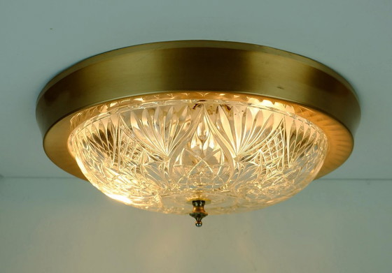 Image 1 of mid century ceiling LAMP flush mount textured glass and aluminum 1970s hollywood regency
