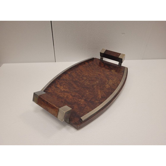 Image 1 of Vintage art deco serving tray in root or lupia wood and chrome steel, France 1930