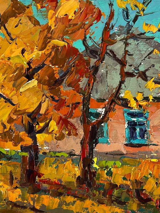 Image 1 of Peinture à l'huile originale représentant un paysage champêtre, une maison et une maison en automne dans un village