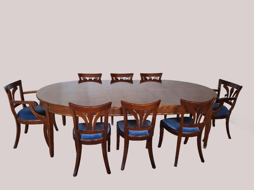 Empire mahogany wooden dining table large extendable for 8 persons with brass decoration