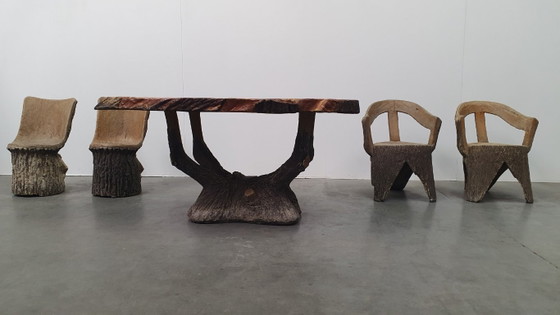 Image 1 of Vintage faux wood cement garden set 4 chairs/table Brutalist 60s France