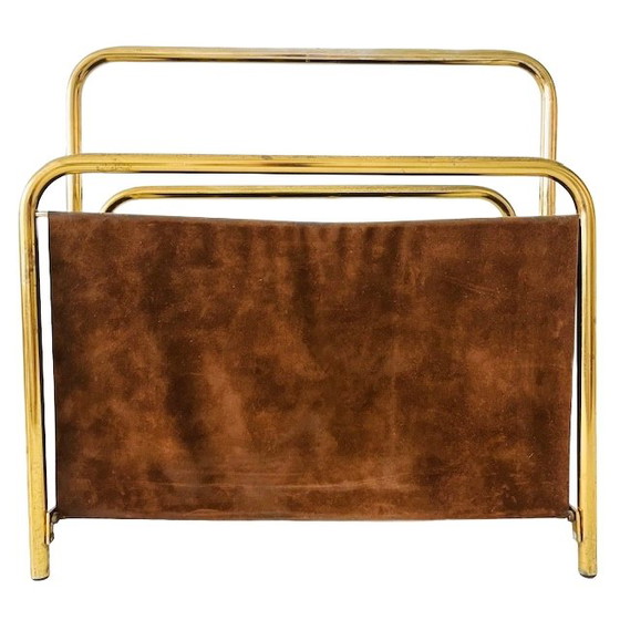 Image 1 of Vintage Hollywood Regency Krantenbak Lectuurmand Metaal Suède 1970's