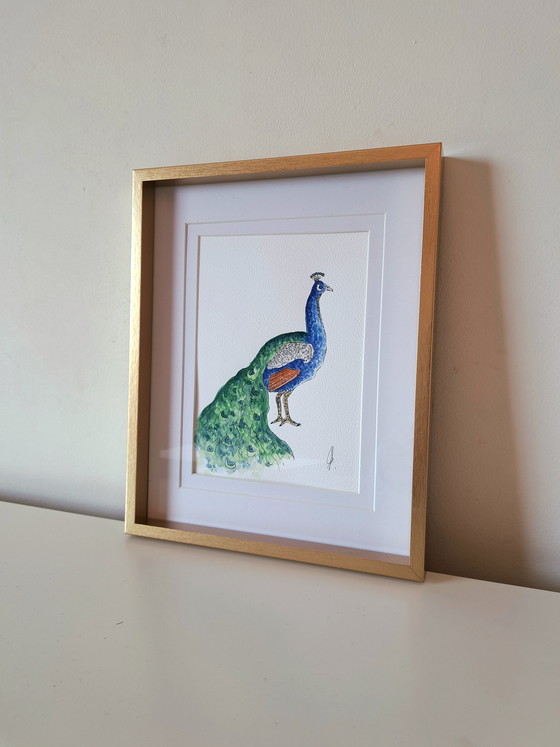 Image 1 of Original watercolor peacock in frame