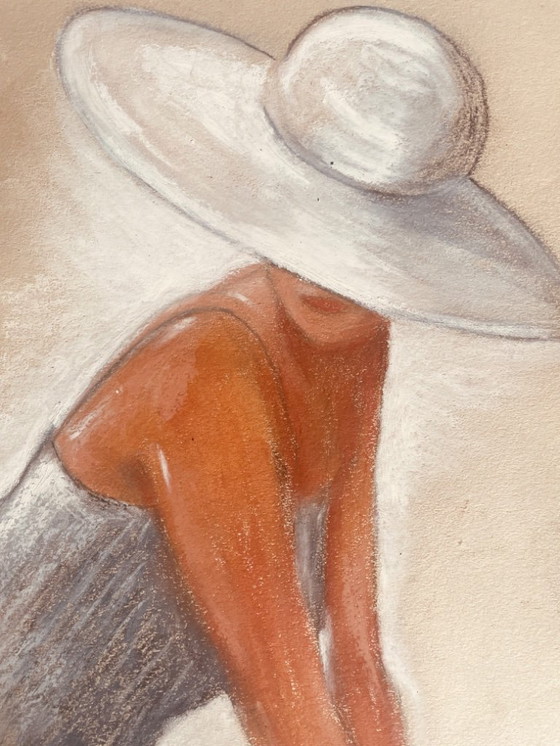 Image 1 of Pastel painting, portrait of a woman in a white hat, "full sunlight"