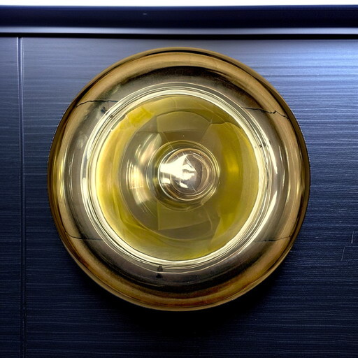 Vintage Glashütte Limburg | Ceiling UFO Lamp | dia. 30cm 11.81" | lightly tinted glasdome & gold plated metal | 1970s Germany Sp