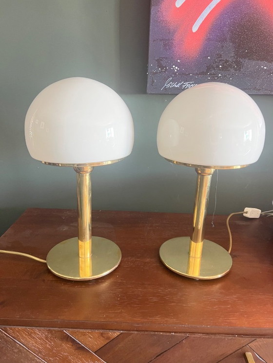 Image 1 of Set of 2 Bauhaus table lamps in Wagenfeld design WA 24 produced by Eckert Glas, Germany 1930s / 40s. Brass with opal glass