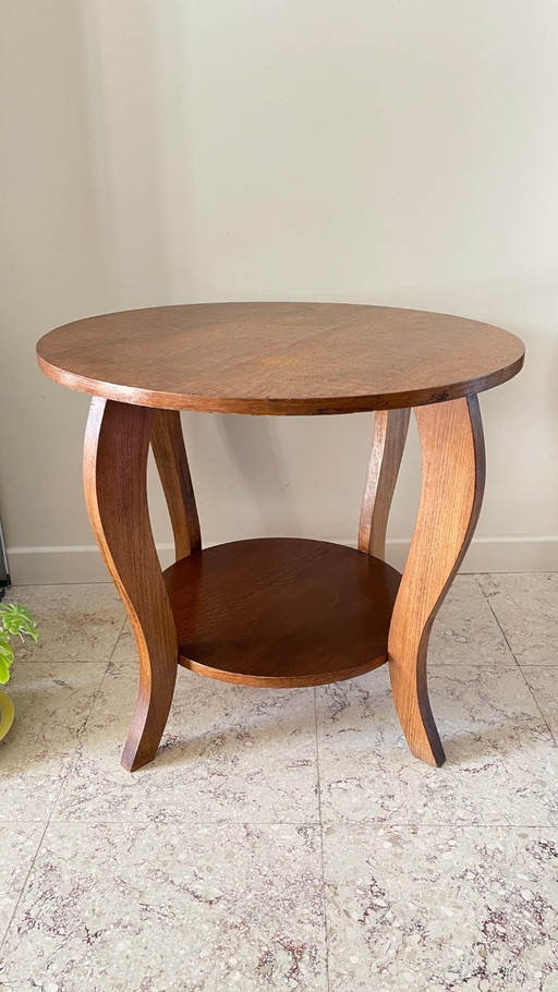 Mesa auxiliar de roble de inspiración Art Déco con 2 estantes