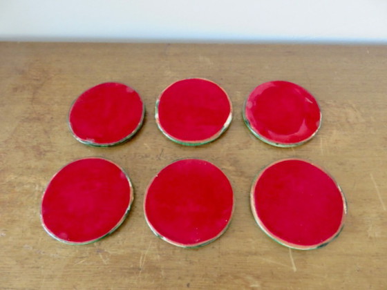 Image 1 of Juego de 6 posavasos de cerámica verde craquelada, años 60 70