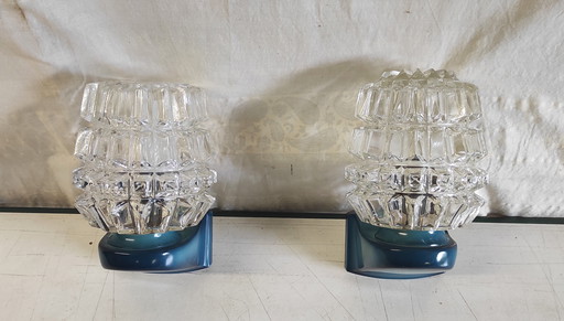 Apliques de pared de cristal azul y plástico - década de 1970