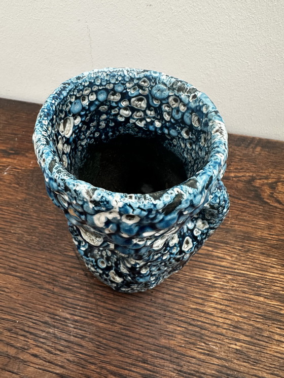 Image 1 of Small Vintage Fat Lava Blue Ceramic Vase