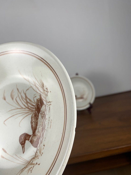 Image 1 of Vintage Churchill Engeland 6 diepe bordenset - eendenpatroon & rood/bruine rand, 1980/90