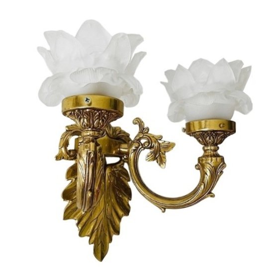 Image 1 of Lampada da parete vintage in ottone barocco rococò di metà secolo, rosa, anni '50