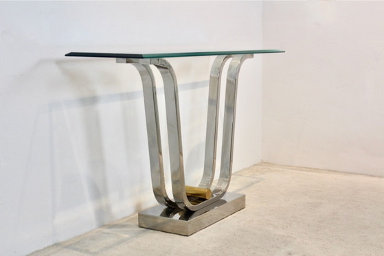 Console Minimaliste Courbée en Acier Inoxydable, Laiton et Verre, Doré (photo 2 sur 12)