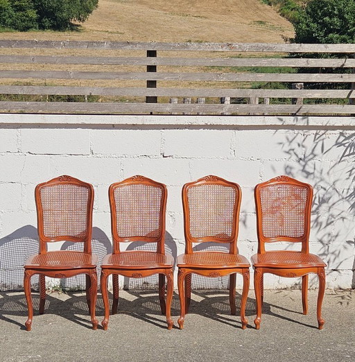 4 French Vintage Cane Dining Chairs - Cottage Chairs - Style Louis XV - 80s