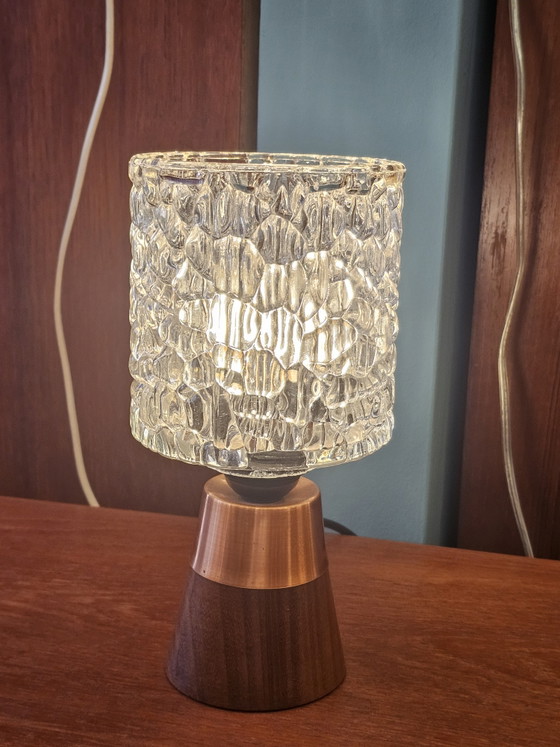 Image 1 of Vintage Glass Table Lamp Wooden Copper Base