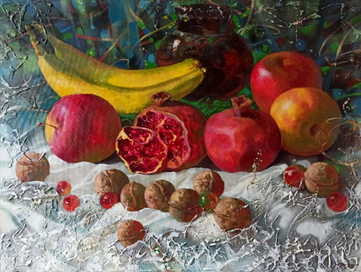 Original Oil Painting Abstract Fruits Banana Pomegranate Still Life – schilderijen tekeningen, Canvas