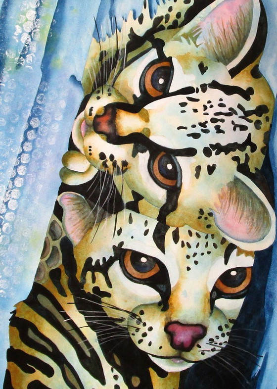 Image 1 of Two cute leopard cubs hiding in a tree (handgeschilderd)