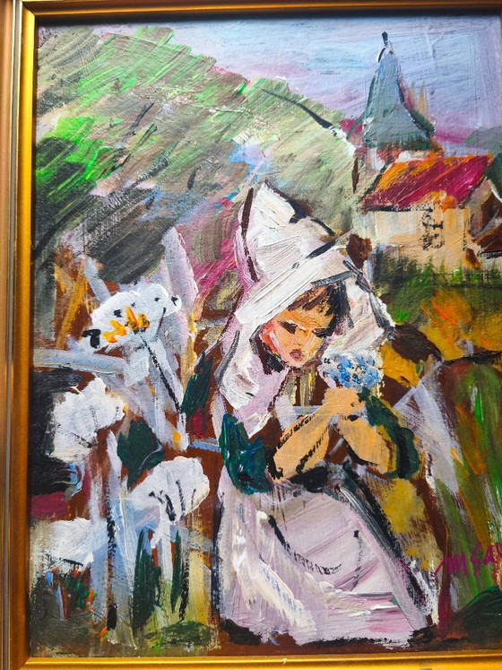 Image 1 of Original Signed Oil Painting Vintage Expressionist Woman Folk Art Framed