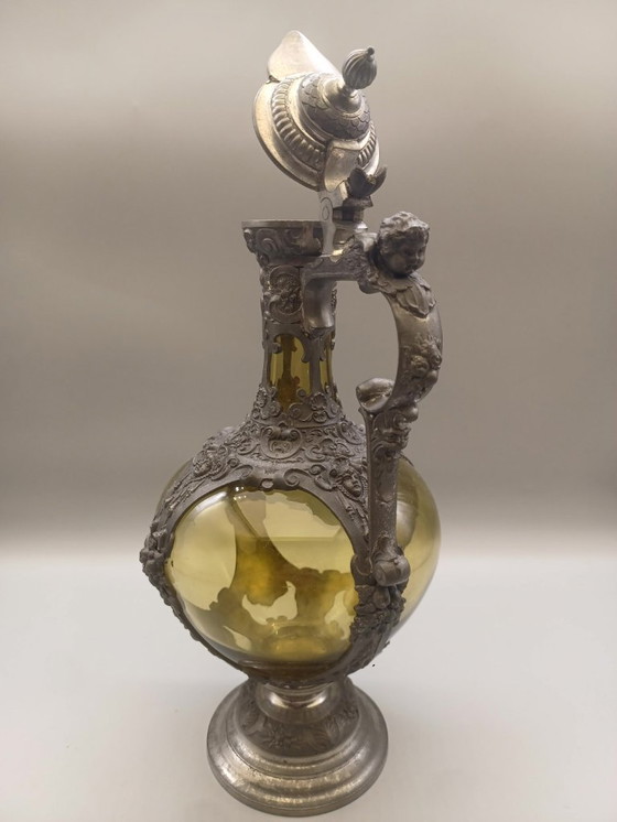 Image 1 of Antica brocca in stile rinascimentale in peltro e vetro, Germania, 1880