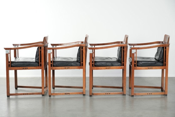 Image 1 of Ensemble de 4 chaises de salle à manger de luxe en cuir noir, design Art déco, par Schuitema