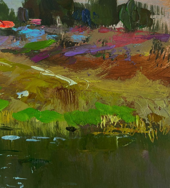Image 1 of Original Oil Painting Summer Bridge Landscape Girls are walking by the river