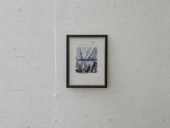 Image 1 of Framed original artwork with figurative scene and handwritten notes, 1980s