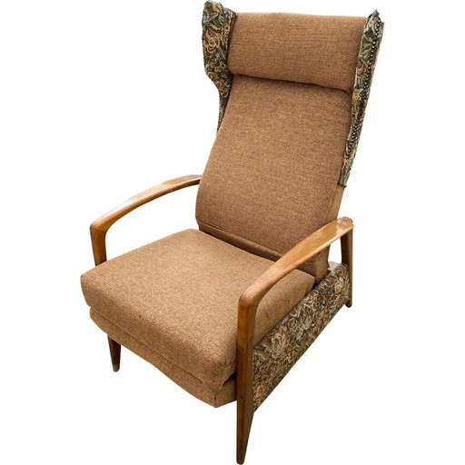 Poltrona vintage in tessuto e braccioli in teak, Germania 1970