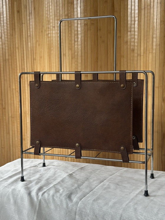 Image 1 of Vintage magazine rack chrome & leather