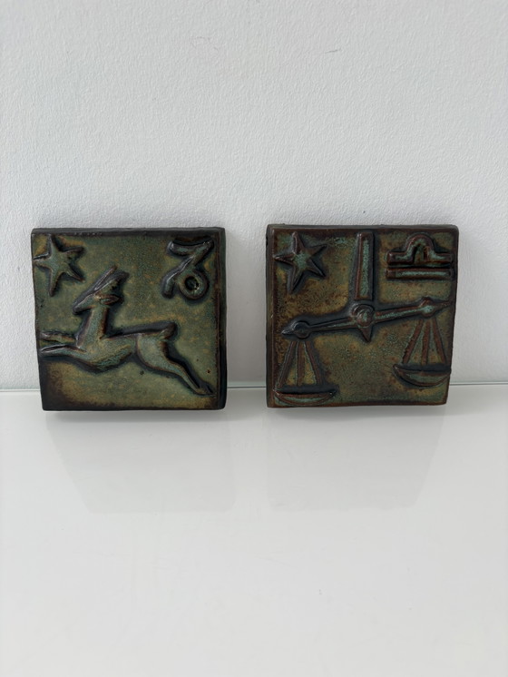 Image 1 of Two vintage 1960s/early 70s wall tiles with zodiac signs