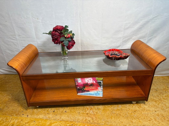 Image 1 of Mid Century Retro Teak & Glass Top Tulip Coffee Table by G-Plan (Circa 1960)  A stunning mid century modern teak and glass top c