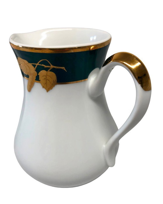 Image 1 of Juego moderno de tetera y lechera de porcelana Thun Carlsbad - Diseño en verde y hojas de oro