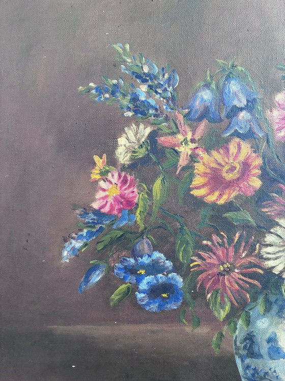 Image 1 of Vintage original floral oil painting with blue and white vase