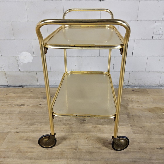 Image 1 of Vintage Engelse Serveerwagen Goudkleurig 50s/60s trolley / barcart (alluminium) hotel troley