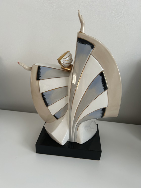 Große Tengra Porzellan Skulptur – Art Deco Tänzerin Irisierender Perlmutt & Gold Fächer 35cm (Perfekter (photo 2 of 7)
