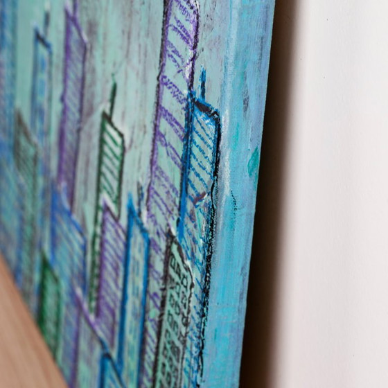 Image 1 of Contemporary paintig in teal, purple and green shades, acrylic on canvas