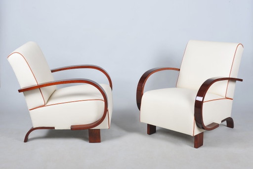 Een paar gerestaureerde art-deco fauteuils, walnoothout, leer, opnieuw gepolijst, Tsjechisch, jaren 1930 – Leather, Wood