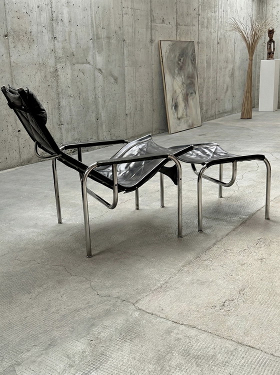 Image 1 of HANS EICHENBERGER PER STRÄSSLE POLTRONA RELAX LOUNGE E OTTOMANO BAUHAUS IN PELLE CROMATA SVIZZERA ANNI '70