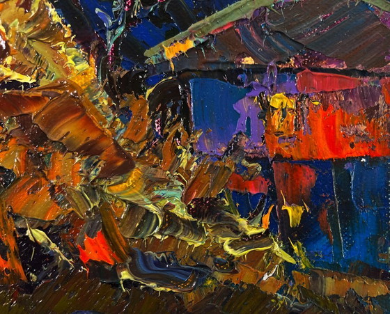 Image 1 of Original Oil Painting Night Village Landscape Stars twinkle in a calm sky