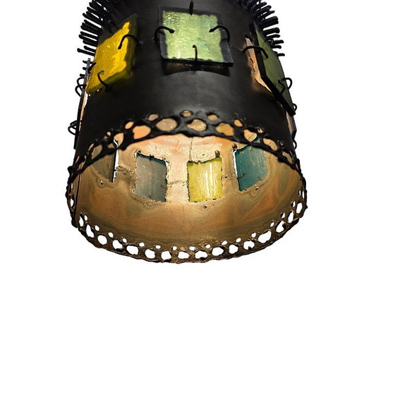 Image 1 of Lampada a sospensione brutalista francese con vetro colorato, anni '70
